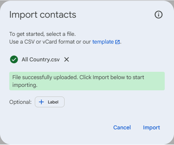 Google Contacts import dialog showing All Country.csv and the File successfully uploaded message