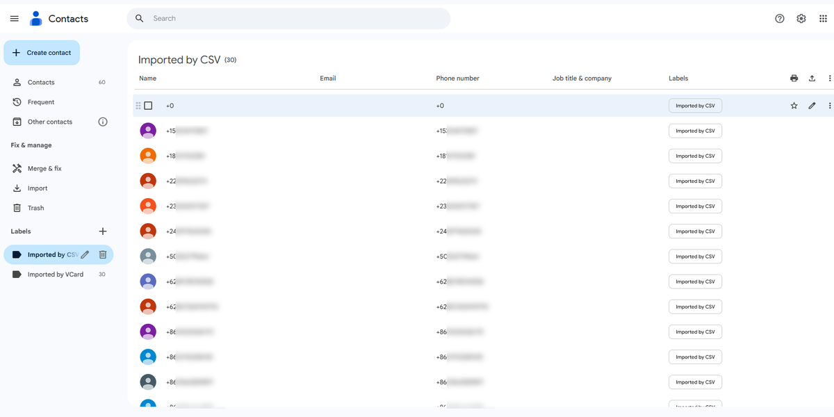 Google Contacts displaying the Imported by CSV group with 30 records and obscured phone numbers