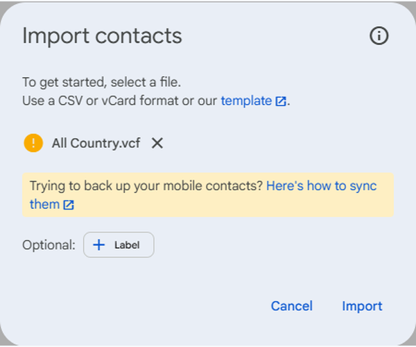 Google Contacts import dialog with the WAContact All Country.vcf file selected
