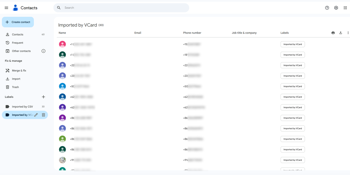 Google Contacts showing 30 records in the Imported by VCard demonstration group with phone numbers obscured